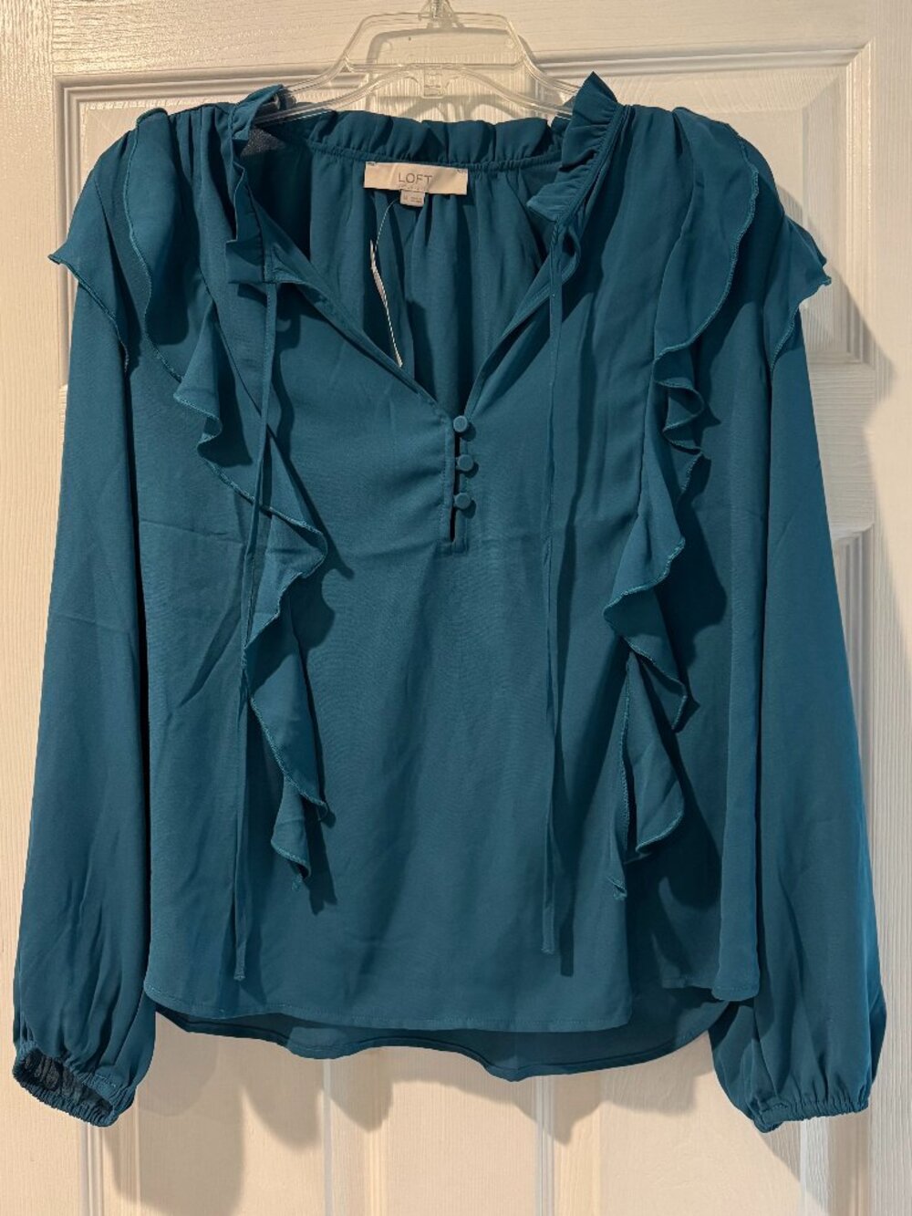 LOFT Ruffle Button Tie Neck Blouse